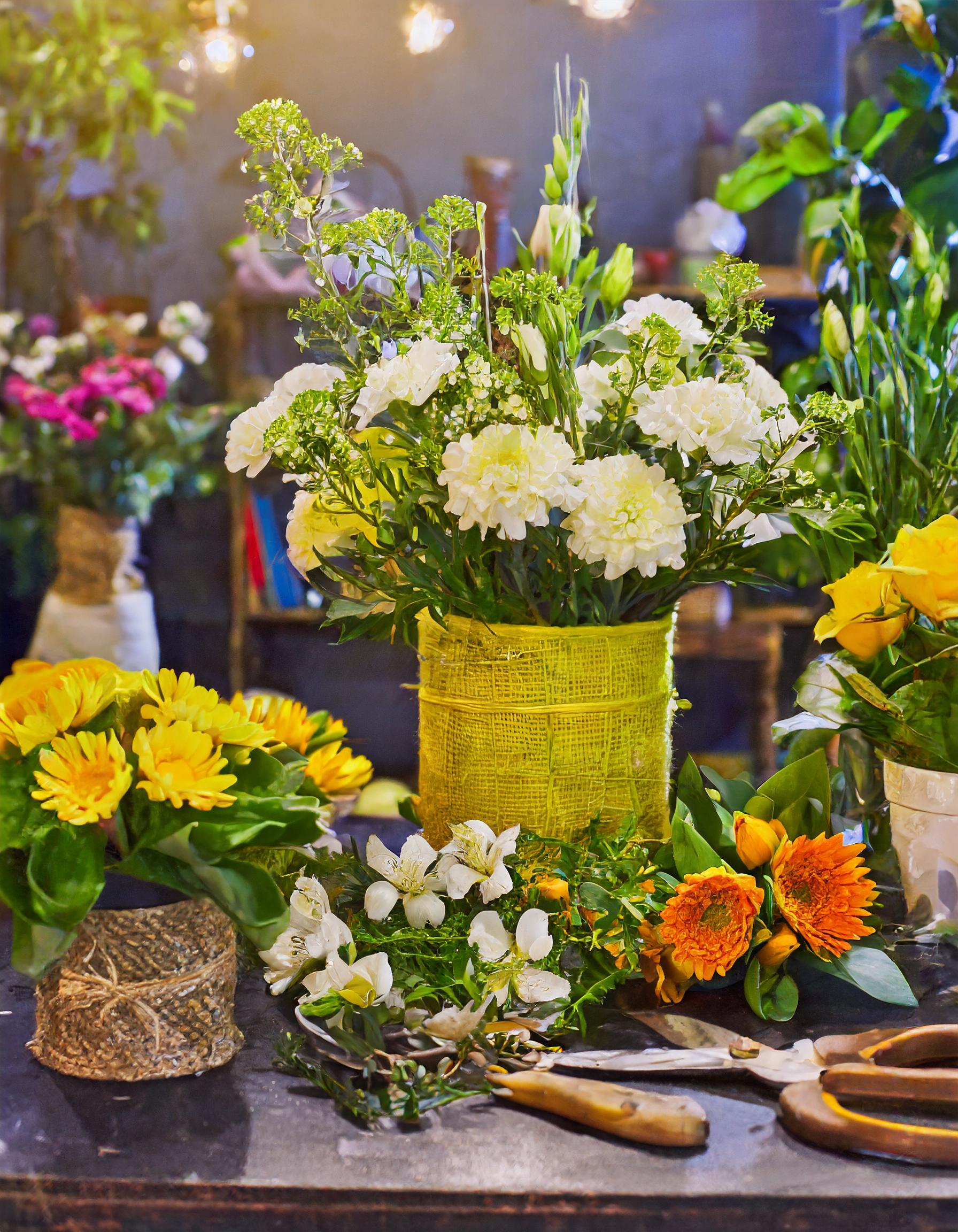 Vielfältige Blumenkompositionen in frischen Farben